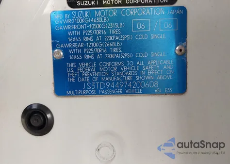 2007 Suzuki Grand Vitara Xsport from USA, damaged, VIN JS3TD944974200608